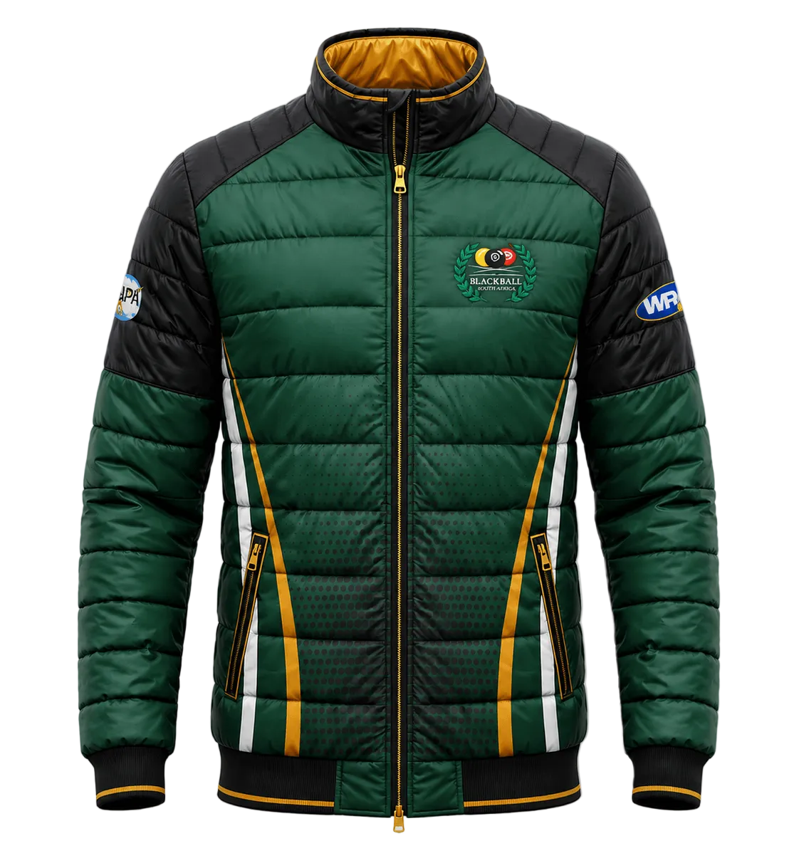 A dark green and black puffer jacket with gold accents, featuring a high collar, zippered front, and a Zimbabwean cricket team crest on the left chest.