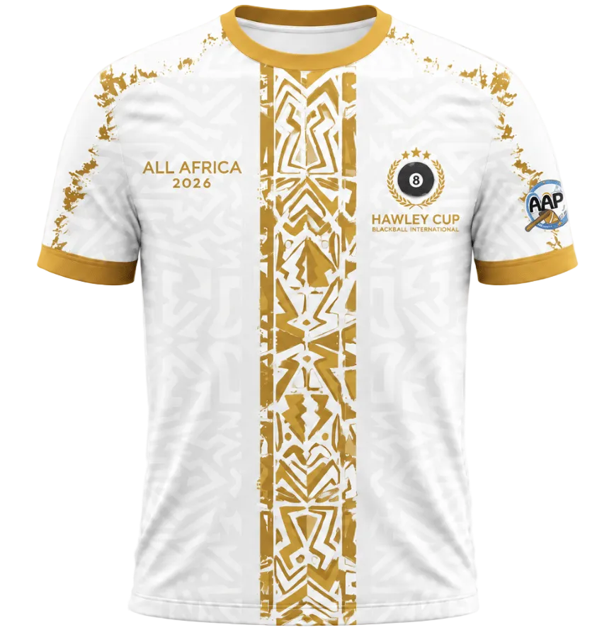 A white short-sleeve soccer jersey with gold trim and a vertical gold pattern down the center. The left chest reads 'ALL AFRICA 2026', and the right chest features the 'HANSERUP CUP' logo.