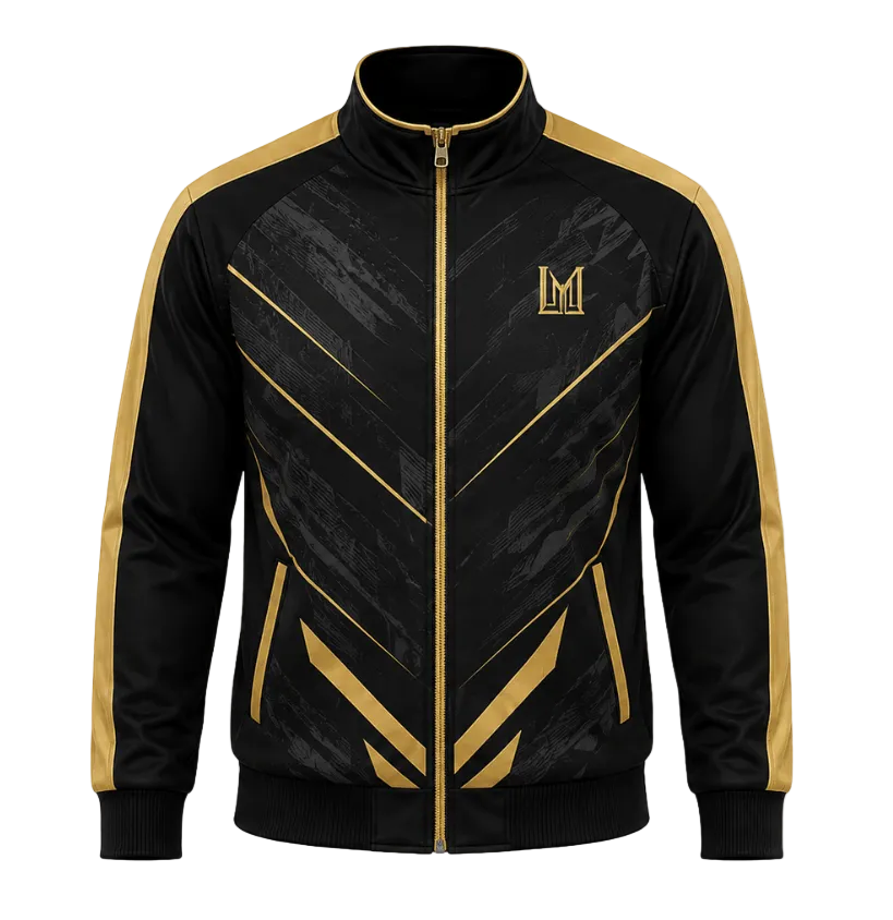 A black and gold track jacket with a full-zip front, stand-up collar, and geometric gold stripe patterns on a white background.