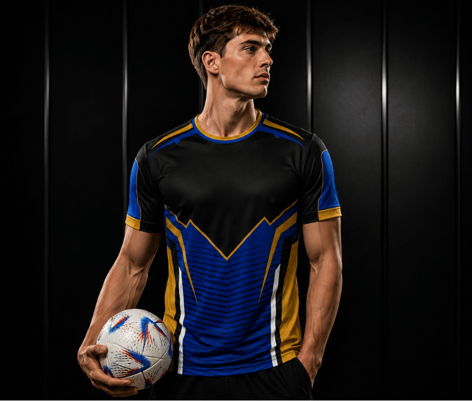 A male athlete wearing a black athletic jersey with blue and yellow stripes, holding a soccer ball against a dark studio background.