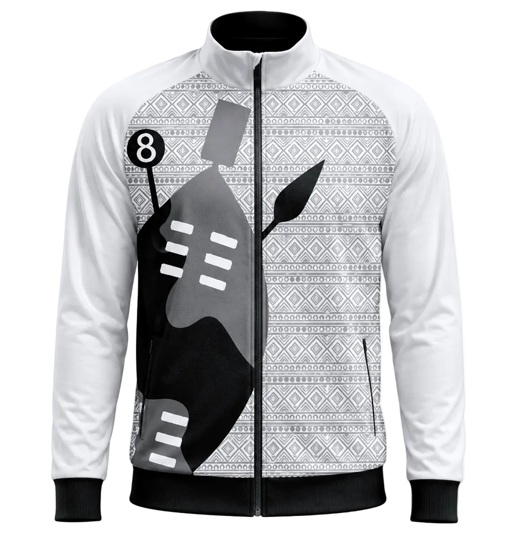 A white and black zip-up track jacket with a geometric pattern on the upper body, a large black graphic on the front, and black ribbed cuffs and hem.