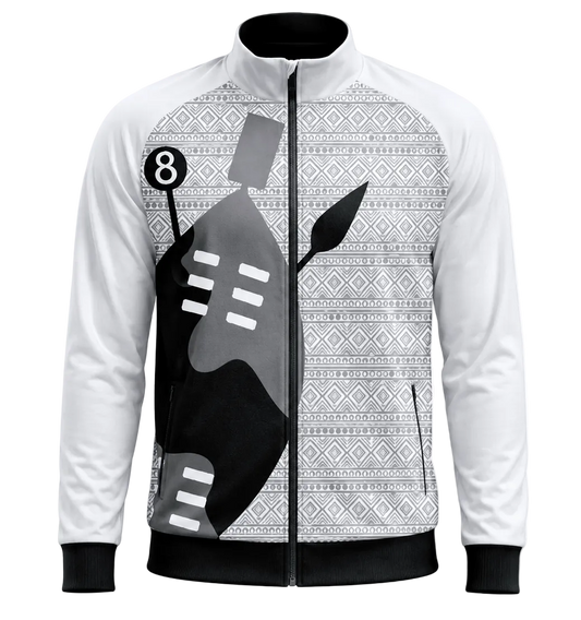 A white and black zip-up track jacket with a geometric pattern on the upper body, a large black graphic on the front, and black ribbed cuffs and hem.
