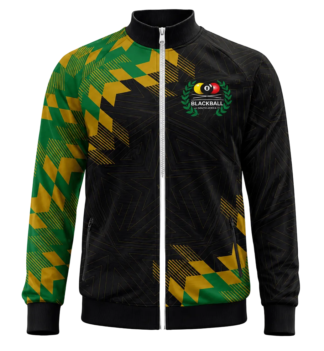 A black zip-up track jacket featuring a green and yellow geometric pattern on the sleeves and lower front, with a black and yellow 'BLACKBALL' crest on the left chest, shown on a plain white background.