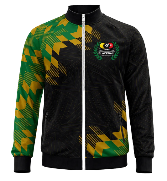 A black zip-up track jacket featuring a green and yellow geometric pattern on the sleeves and lower front, with a black and yellow 'BLACKBALL' crest on the left chest, shown on a plain white background.