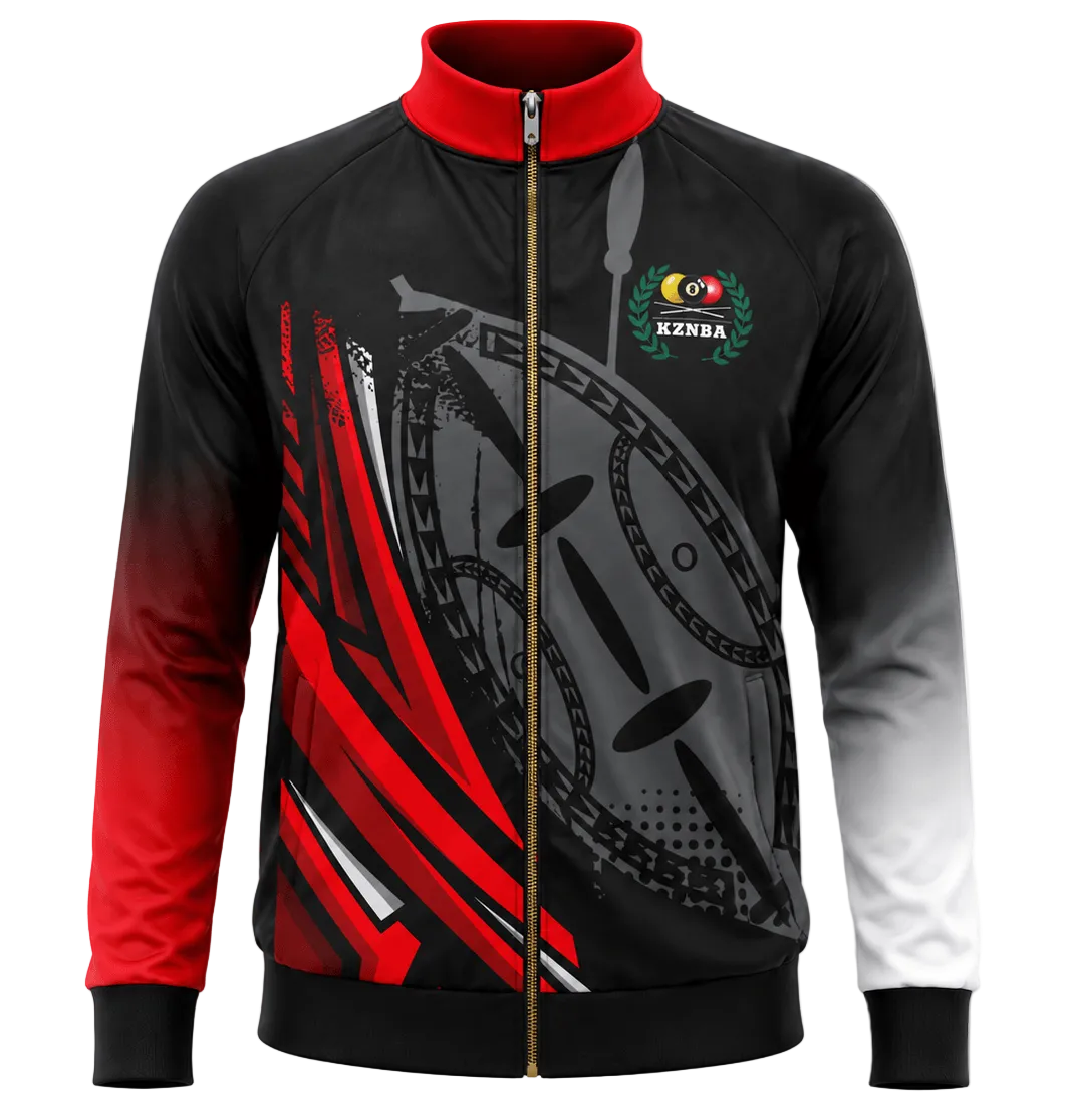 A black, red, and white full-zip athletic jacket with a graphic print of a bicycle chain guard on the front and a Kenya sports crest on the left chest, shown on a plain white background.