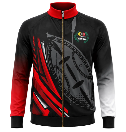 A black, red, and white full-zip athletic jacket with a graphic print of a bicycle chain guard on the front and a Kenya sports crest on the left chest, shown on a plain white background.
