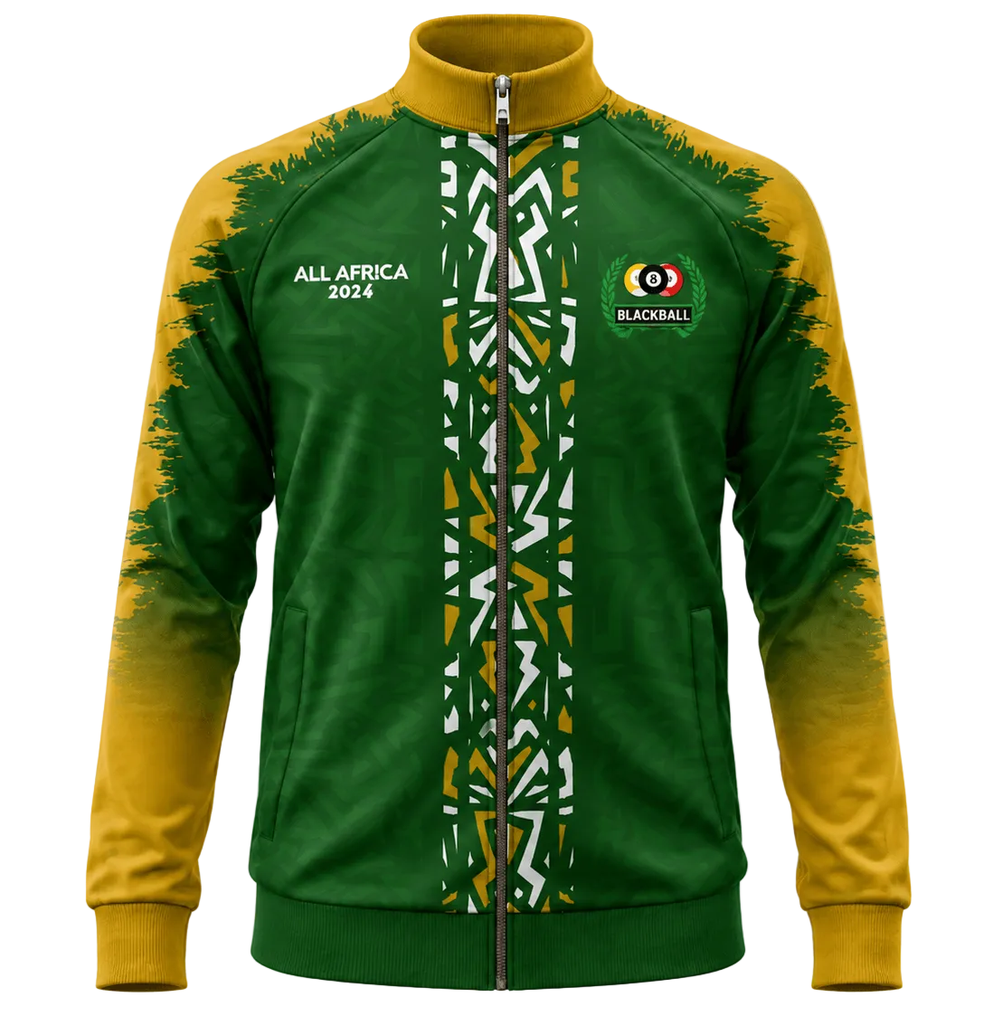 A green and yellow full-zip track jacket with African tribal patterns down the center, featuring 'ALL AFRICA 2024' text on the right chest and a 'BLACKBALL' team logo on the left chest, shown on a plain white background.