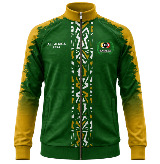 A green and yellow full-zip track jacket with African tribal patterns down the center, featuring 'ALL AFRICA 2024' text on the right chest and a 'BLACKBALL' team logo on the left chest, shown on a plain white background.
