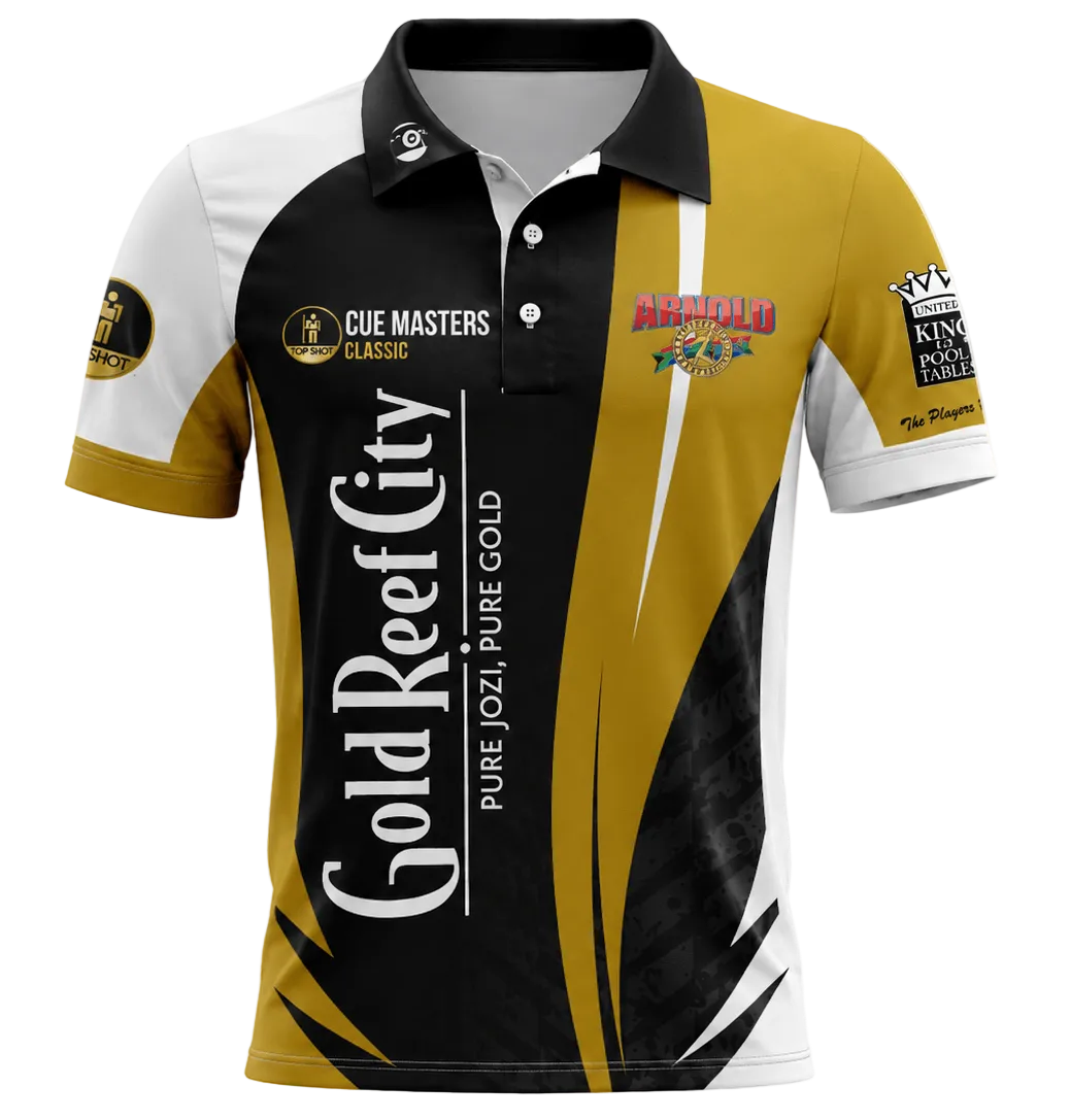 A short-sleeve collared golf polo shirt with a black, gold, and white color-blocked design. The shirt features 'Gold Reef City' printed vertically on the front, 'Cue Masters Classic' on the right sleeve, and 'Arnold' on the left chest.