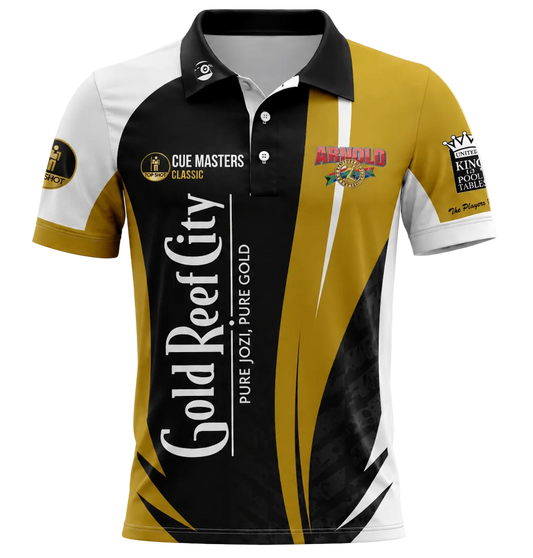 A short-sleeve collared golf polo shirt with a black, gold, and white color-blocked design. The shirt features 'Gold Reef City' printed vertically on the front, 'Cue Masters Classic' on the right sleeve, and 'Arnold' on the left chest.