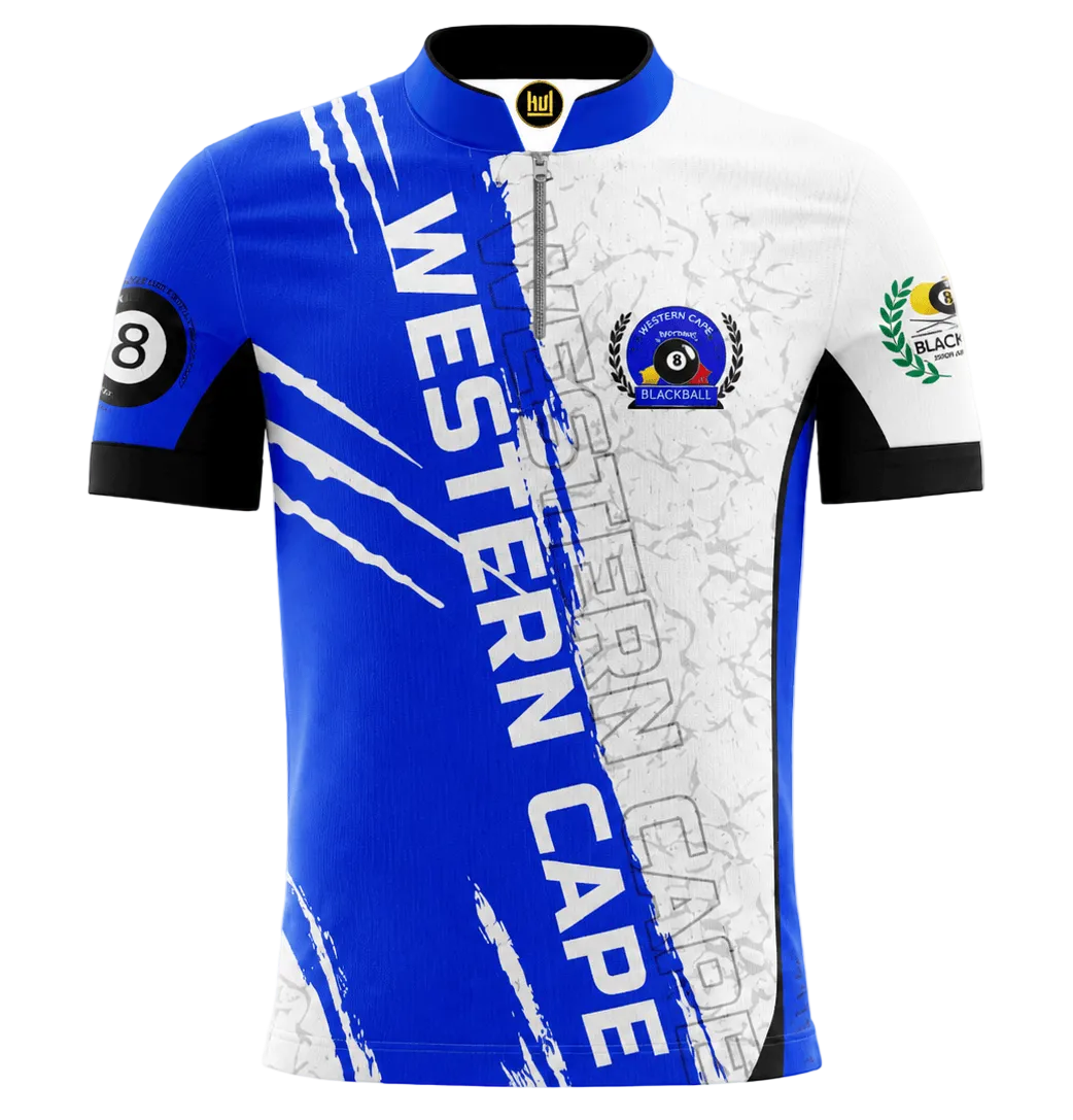 A short-sleeve cycling jersey with a split blue and white design, featuring 'WESTERN CAPE' printed vertically in white on the blue side, black sleeve cuffs, and various team logos on the chest and sleeves.