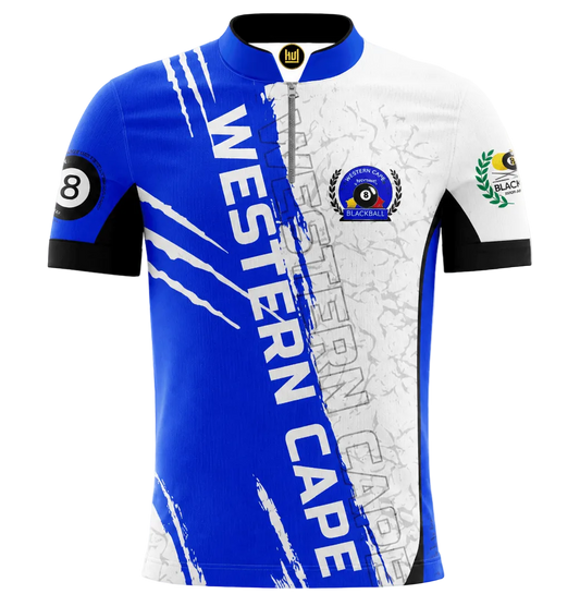A short-sleeve cycling jersey with a split blue and white design, featuring 'WESTERN CAPE' printed vertically in white on the blue side, black sleeve cuffs, and various team logos on the chest and sleeves.
