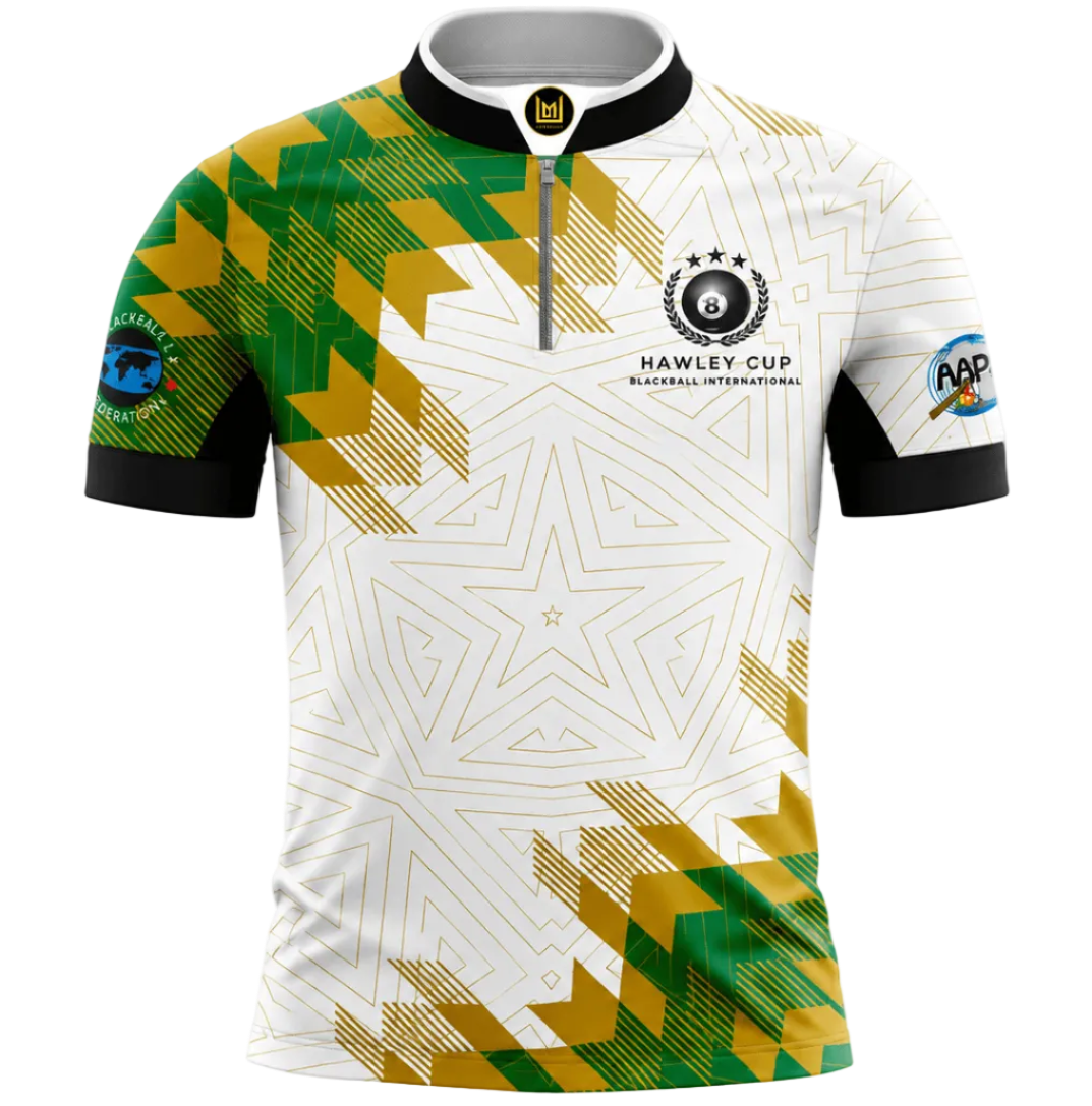 A short-sleeve athletic cycling jersey with a white base, featuring green and yellow geometric patterns on the shoulders and lower front, black collar and sleeve cuffs, and Hawley Cup branding on the chest.