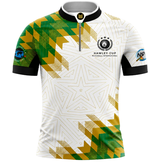 A short-sleeve athletic cycling jersey with a white base, featuring green and yellow geometric patterns on the shoulders and lower front, black collar and sleeve cuffs, and Hawley Cup branding on the chest.
