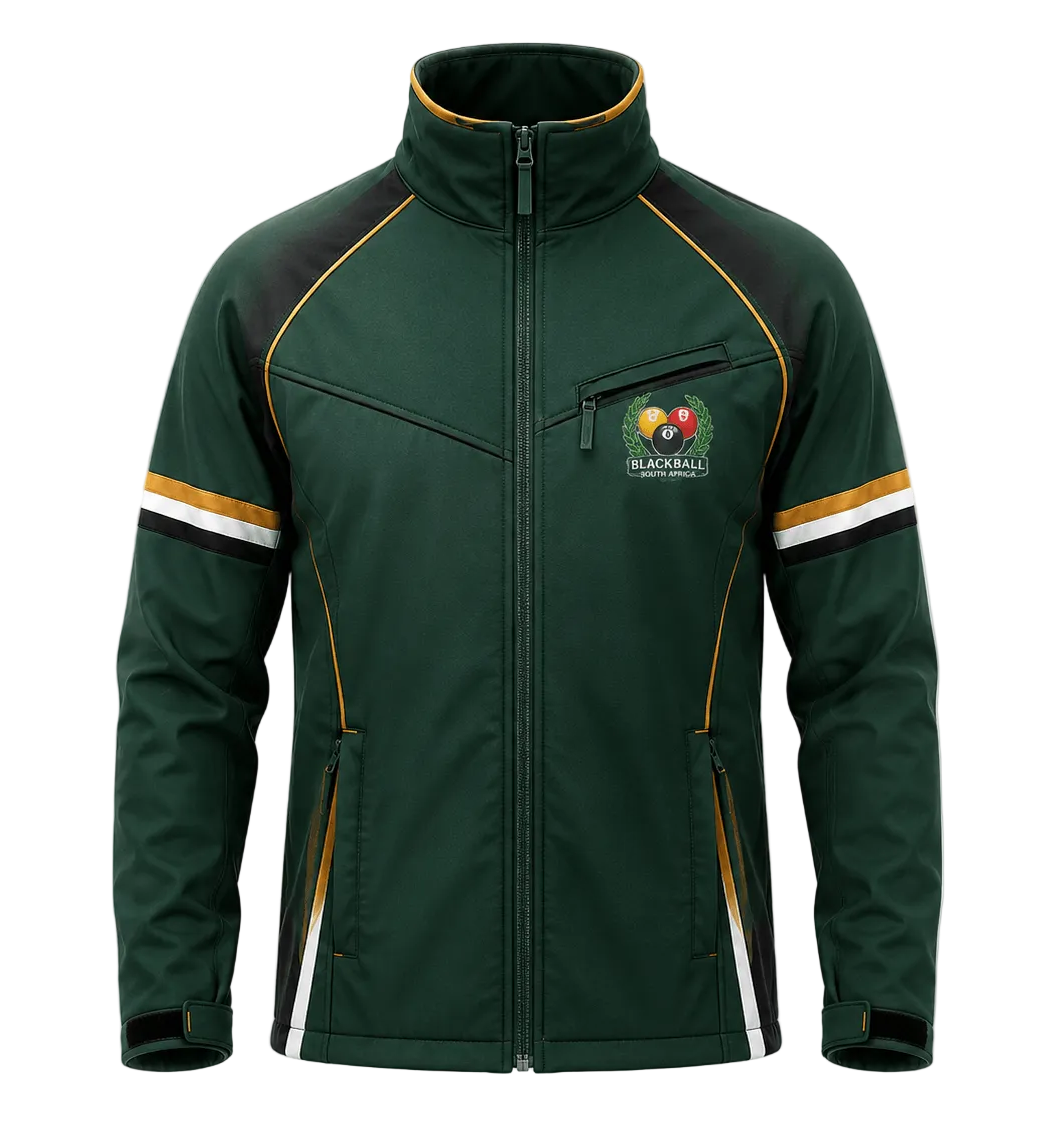 A dark green athletic jacket with yellow and white stripe accents on the sleeves, a high collar, and a visible Blackwall logo on the left chest, shown against a light gray background.