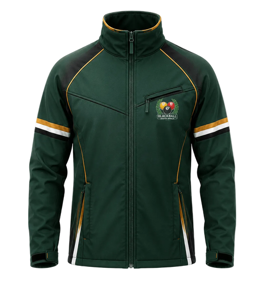 A dark green athletic jacket with yellow and white stripe accents on the sleeves, a high collar, and a visible Blackwall logo on the left chest, shown against a light gray background.