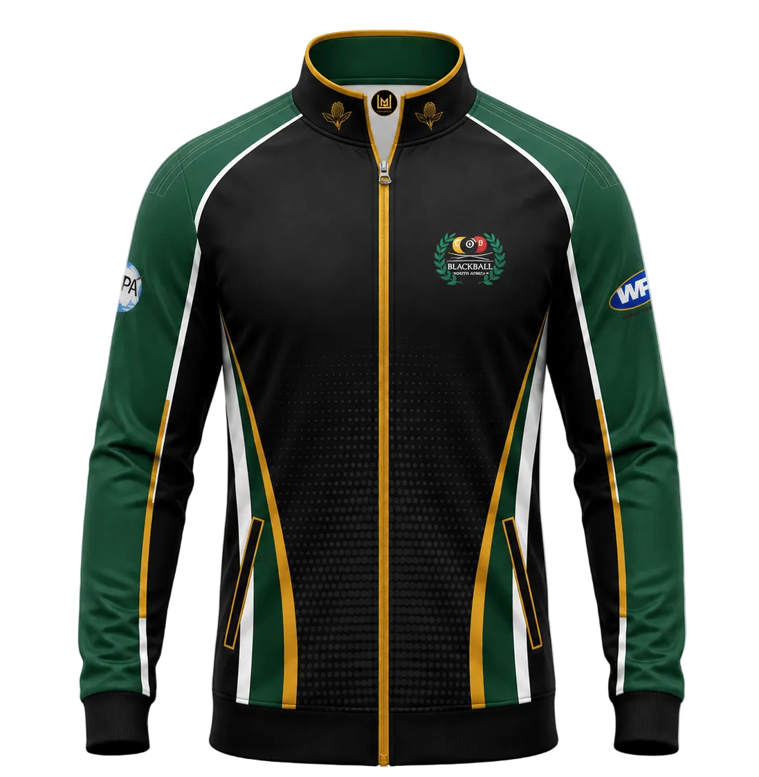 A men's athletic zip-up jacket with a black body, green sleeves, and white and gold stripe accents, featuring a high collar and a central crest logo.