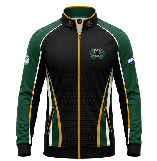A men's athletic zip-up jacket with a black body, green sleeves, and white and gold stripe accents, featuring a high collar and a central crest logo.