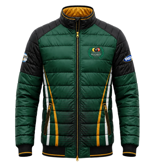 A dark green and black puffer jacket with gold accents, featuring a high collar, zippered front, and a Zimbabwean cricket team crest on the left chest.