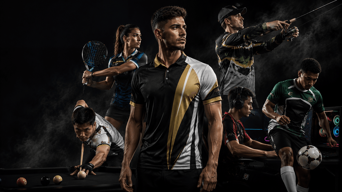 A group of athletes in athletic wear posing against a dark smoky background. The central figure wears a black, white, and gold sports jersey, while others around him wear matching team apparel and engage in activities like playing pool, racquetball, golf, and soccer.