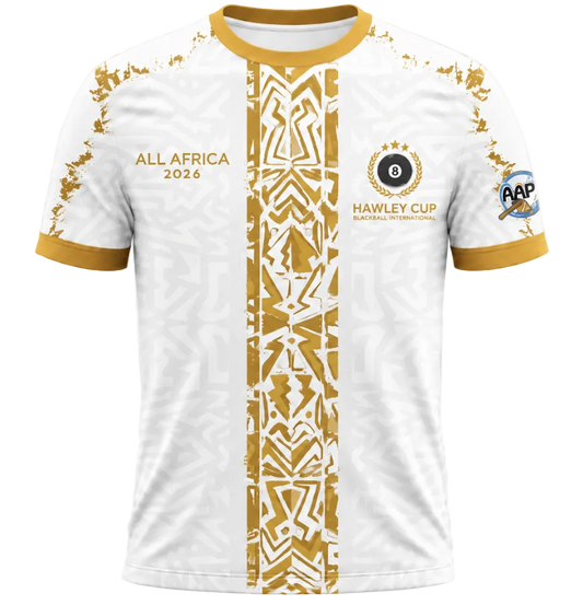 A white short-sleeve soccer jersey with gold trim and a vertical gold pattern down the center. The left chest reads 'ALL AFRICA 2026', and the right chest features the 'HANSERUP CUP' logo.
