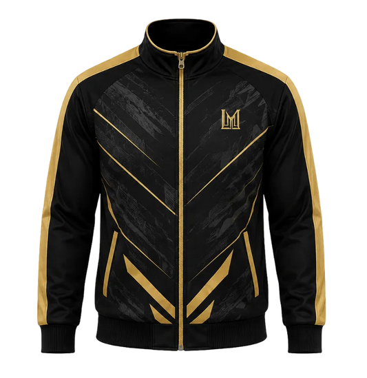 A black and gold track jacket with a full-zip front, stand-up collar, and geometric gold stripe patterns on a white background.