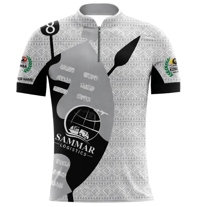 A short-sleeve cycling jersey displayed on a mannequin torso against a plain white background. The jersey features a light gray and black textured pattern base with a large black graphic of a bird silhouette on the front, a 'SAMFAR' logo, and sponsor logos on the sleeves.