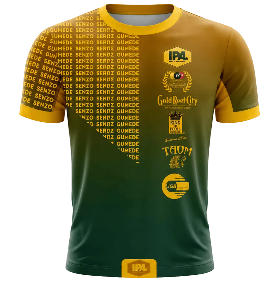 A short-sleeve athletic jersey with a yellow-to-green gradient design, featuring sponsor logos including IPL, CricketCricut, and Thom 67 on the front, set against a plain white background.