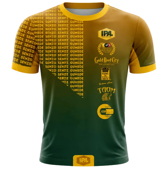 A short-sleeve athletic jersey with a yellow-to-green gradient design, featuring sponsor logos including IPL, CricketCricut, and Thom 67 on the front, set against a plain white background.
