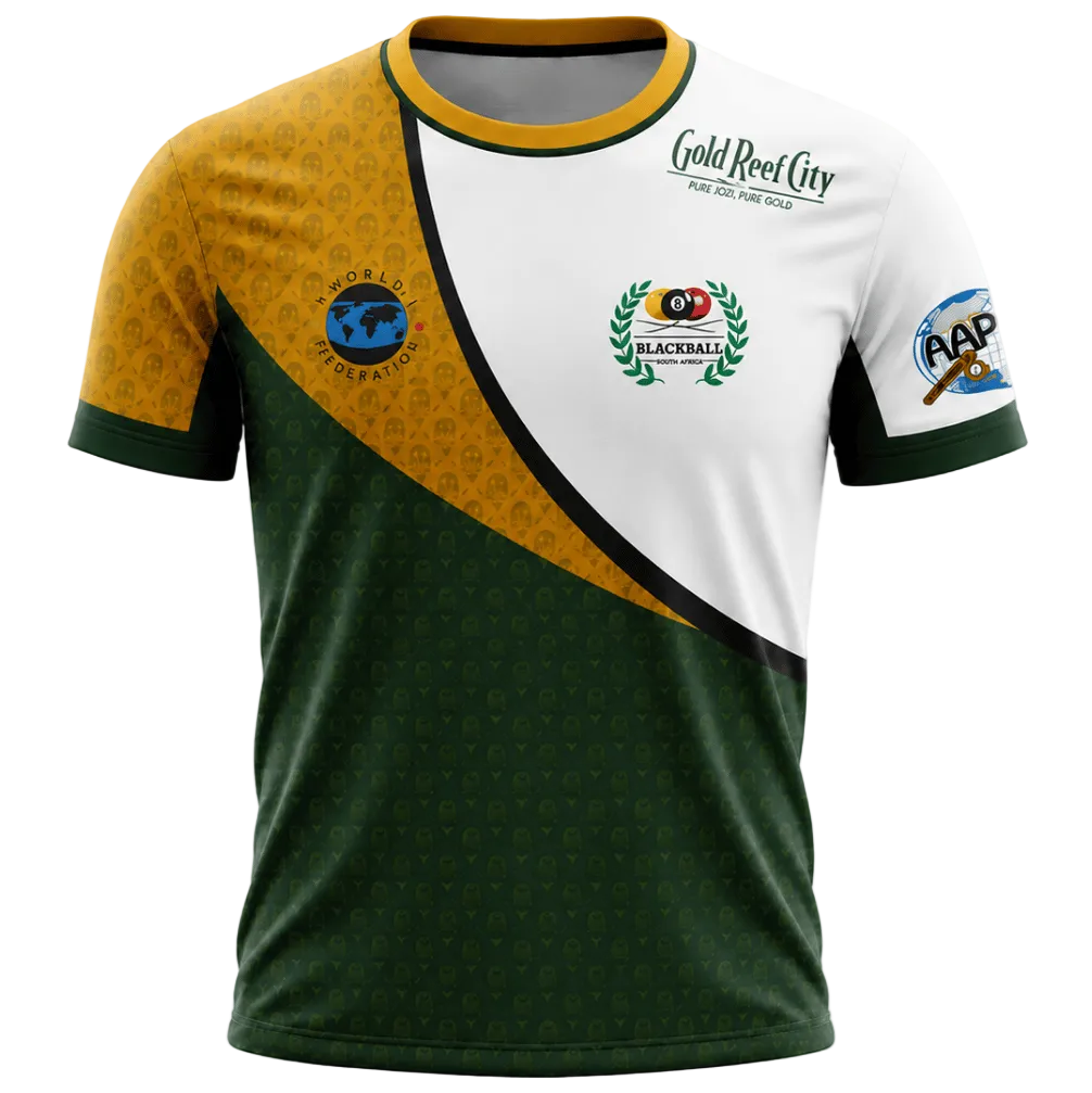A short-sleeve athletic jersey with a color-blocked design featuring dark green, white, and mustard yellow sections, displayed on a clean white background.