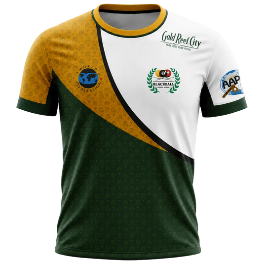 A short-sleeve athletic jersey with a color-blocked design featuring dark green, white, and mustard yellow sections, displayed on a clean white background.