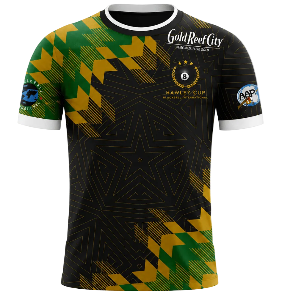 A short-sleeve rugby jersey with a black base featuring green and yellow geometric patterns along the shoulders and hem. The jersey has a white collar, white sleeve cuffs, and printed logos including 'Gold Reef City' and 'Harle's Cup'.
