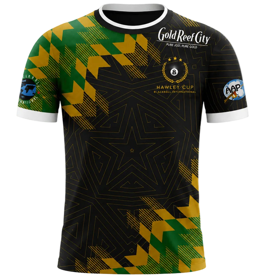 A short-sleeve rugby jersey with a black base featuring green and yellow geometric patterns along the shoulders and hem. The jersey has a white collar, white sleeve cuffs, and printed logos including 'Gold Reef City' and 'Harle's Cup'.