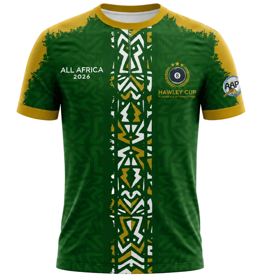 A green and yellow South Africa national football team style jersey with a central vertical tribal pattern, 'ALL AFRICA 2026' text on the right chest, and a CAF patch on the left sleeve, shown on a plain white background.