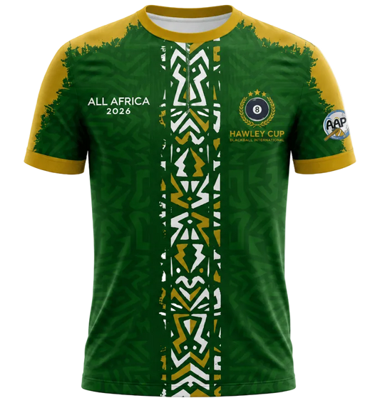A green and yellow South Africa national football team style jersey with a central vertical tribal pattern, 'ALL AFRICA 2026' text on the right chest, and a CAF patch on the left sleeve, shown on a plain white background.
